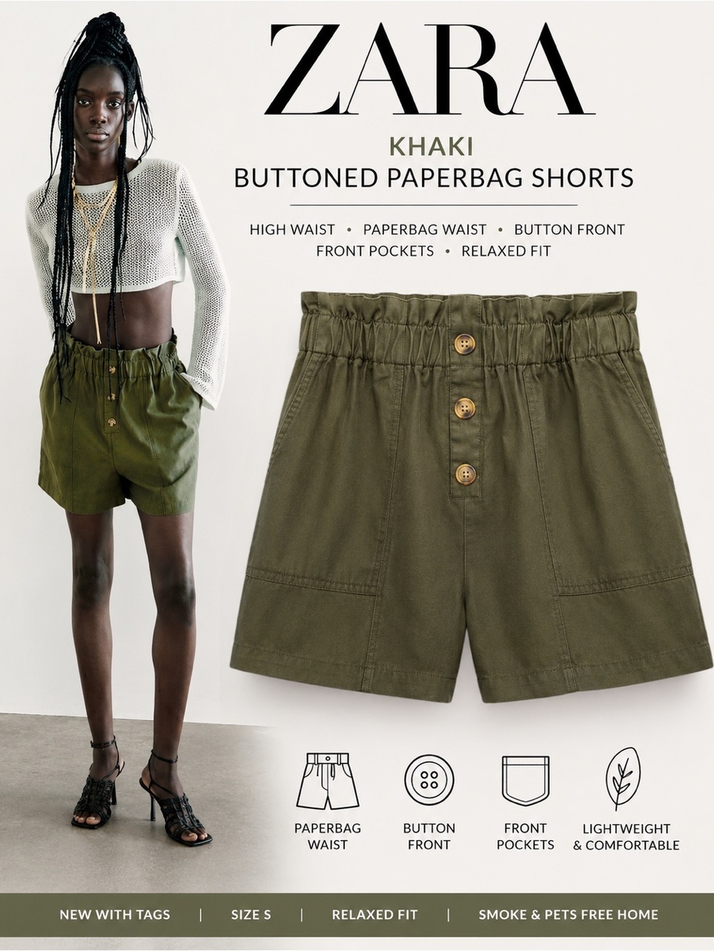 ZARA Khaki Buttoned Paperbag Shorts NWT Size S